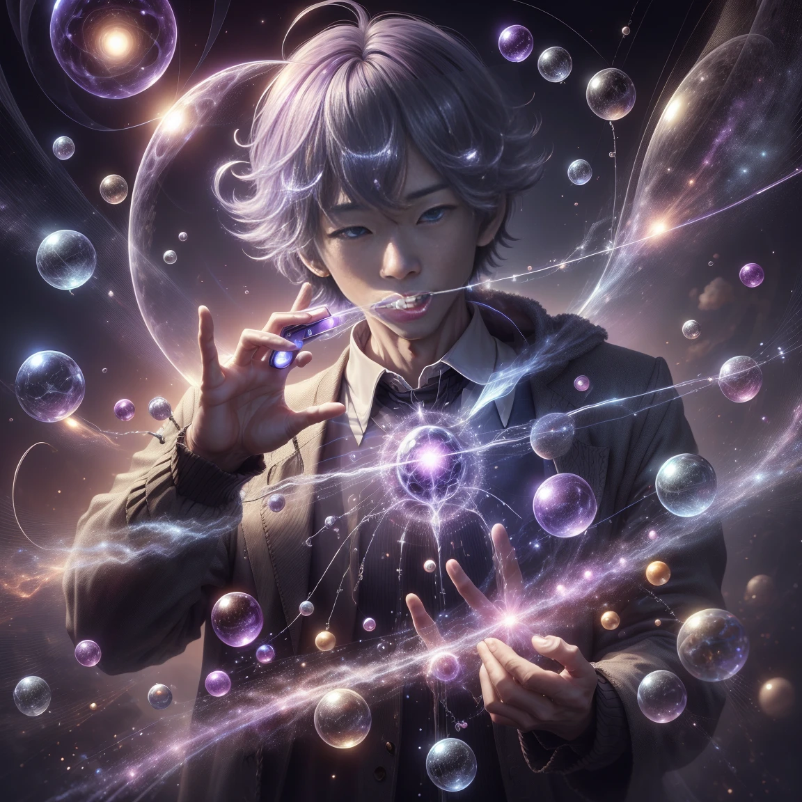50 years old、computer使ってる、supernatural magic , Mental Energy , Manaflow, Sparkling, Esper, background, fly in the sky, computer、A magician using a smartphone、
Shining Eyes, magician, Shiny Hair , ,whole body,