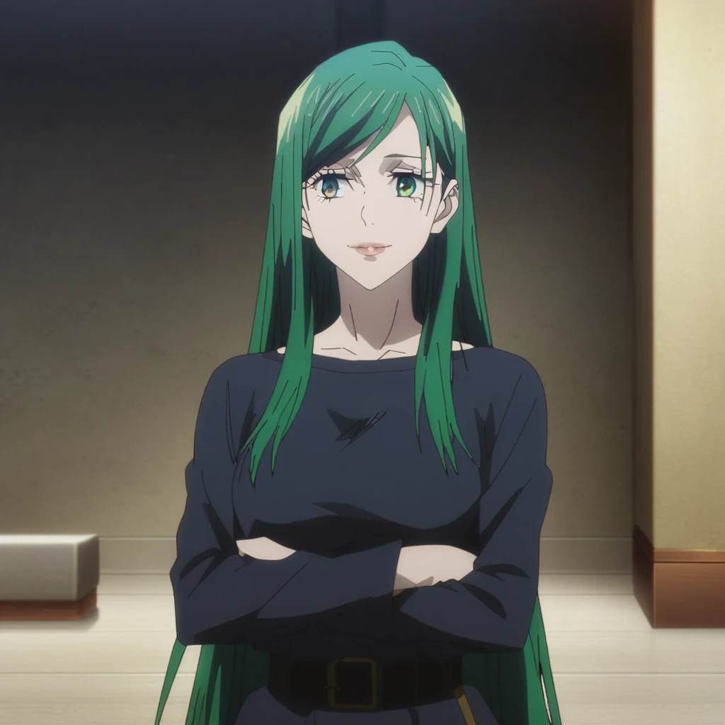 1girl, anime screencap from jujutsu kaisen, solo, very long_hair, ((smooth texture hair)) blue eyes, ((very long green_hair)), night view, breasts, upper_body, smile, indoors, book, bangs, green_eyes, lips, (( very long hair, swept bangs)) wearing black color sweater off the shoulder, breast, "very detailed and high resolution" (green eyes) ((cross arms)) ((smooth texture hair)) ((solo)) ((high resolution)) ((upper body)) (Good quality)