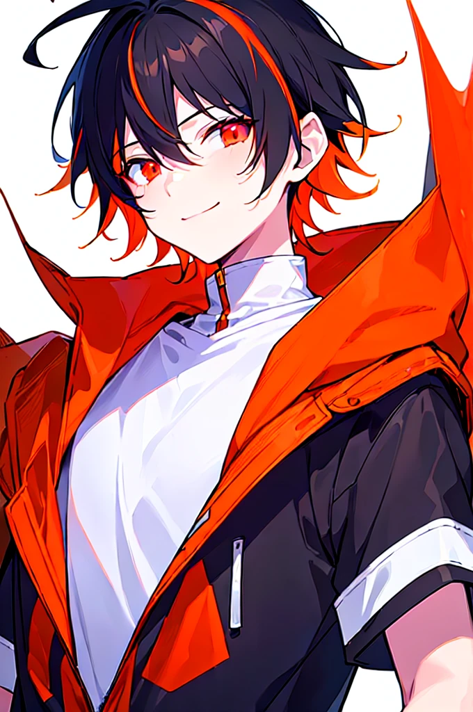 [(WHITE BACKGROUND:1.5),::5], ((((masterpiece)))), high quality, ultra very high resolution, full color, (((solo))), ((little boy)), black hair, ((orange streaked hair)), (red eyes), anime, ((upper body)), neon light, black parka, light smile