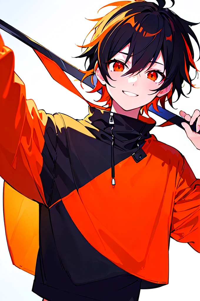 [(WHITE BACKGROUND:1.5),::5], ((((masterpiece)))), high quality, ultra very high resolution, full color, (((solo))), (()), black hair, ((orange streaked hair)), (red eyes), anime, ((upper body)), neon light, black parka, light smile