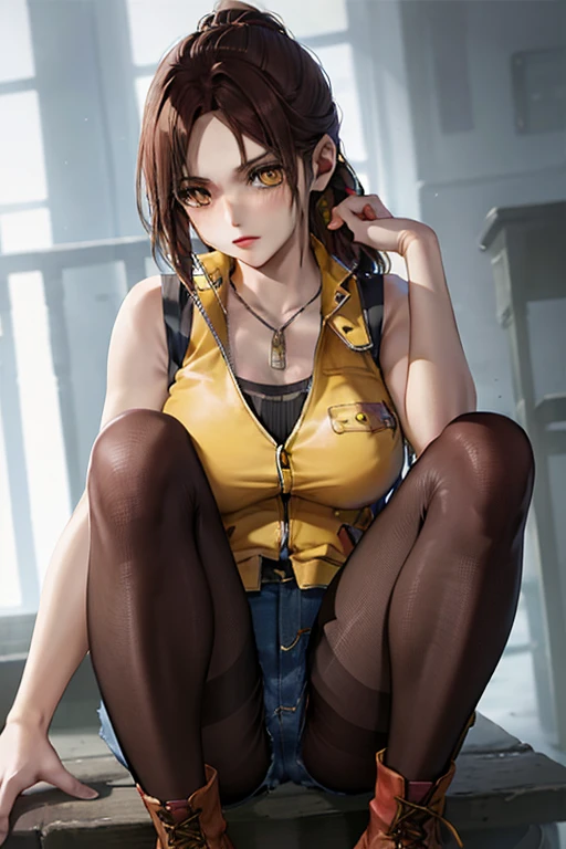 On the table, best quality, 1 Girl, (Claire Redfield), Brown hair, (Yellow eyes:1.2),(Vest)、((Denim shorts))、((Pantyhose))、((Ankle boots))、Length of hair、Ponytail