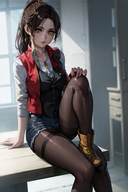 On the table, best quality, 1 Girl, (Claire Redfield), Brown hair, (Yellow eyes:1.2),(Vest)、((Denim shorts))、((Pantyhose))、((Ankle boots))、Length of hair、Ponytail