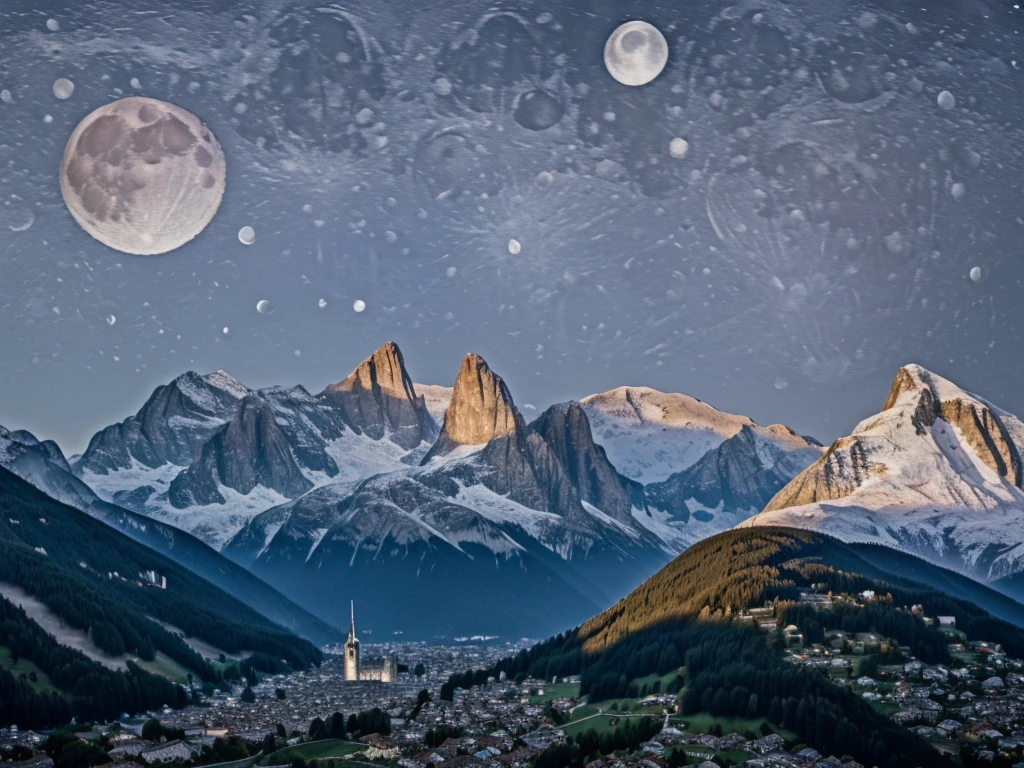 8K images、Ultra-detailed images、RAW Photos、Alpine Landscape、Swiss cityscape、Aerial view、(The giant moon is right in front of you:1.5)、Daytime、It&#39;s not night、Mysterious Landscape