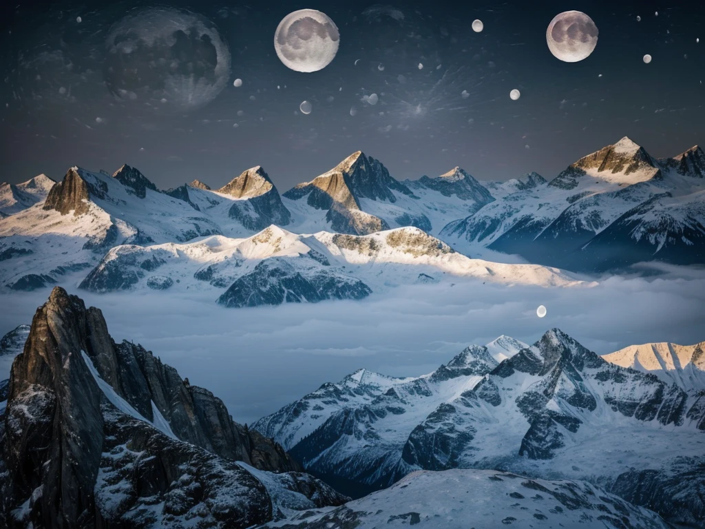 8K images、Ultra-detailed images、RAW Photos、Alpine Landscape、Swiss cityscape、Aerial view、(The giant moon is right in front of you:1.5)、Daytime、It's not night、Mysterious Landscape