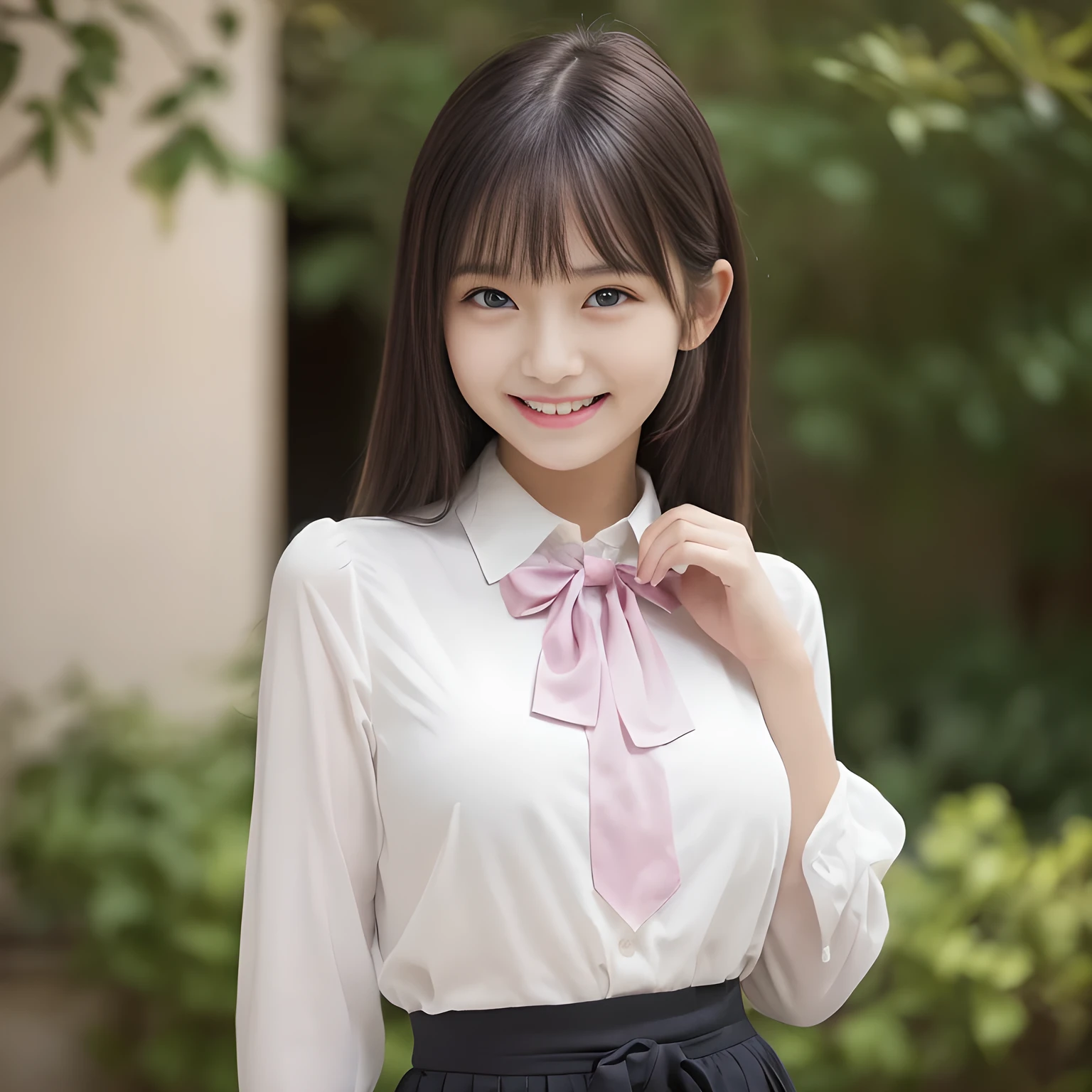 (highest quality, masterpiece:1.2), highest quality, High resolution, 1080P, 8K, Height: 158cm, ((A noble and intelligent girl like Japanese cute girly lady is hypnotizing and giggling, A very sweet, very noble, pretty and neat Japanese beautiful cute girl. Realistic very girly sweet cute princess is standing)), ((((************, popular fashion model)))), ((((White face with plump cheeks)))), Glossy lips, (Evenly cut bangs), ((Very beautifully laughing brown drooping gooey eyes)), (The very large, shiny, wide yellow ribbon bow-tie on her chest is very cute)., ((straight black very very long straight hair)), (((pink colored blouse))), (A neat school uniform), Very lustrous, glossy lips, Open hand over open mouth, Beautiful hair like a hair model, yellow hair ribbons, ((black pleated long skirt)), Watching the viewer and laughing, ((Incredibly well organized, The expression is rich. plump and beautiful skin and face)), ((Pure and clear sweetly smiling eyes)), Long eyelashes, ((smiling at me)), Glossy Lips, ((noble and neat)), ((Like a succubus is fascinating with magic and giggling)), ((((fascinating)))), ((up-curved lips)), ((looking at the viewer)) 