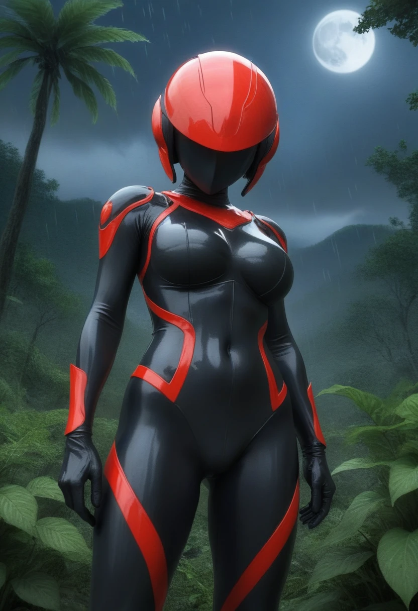 zPDXL, source_anime, BREAK Trilla, helmet with red translucent visor, , armor,black gloves,(tight silver black bodysuit),,black pants, BREAK close-up, solo, standing, front view, medium breasts, , wide hips, BREAK x3dce, 3d, jungle background, dense vegetation, rain, night, night sky,