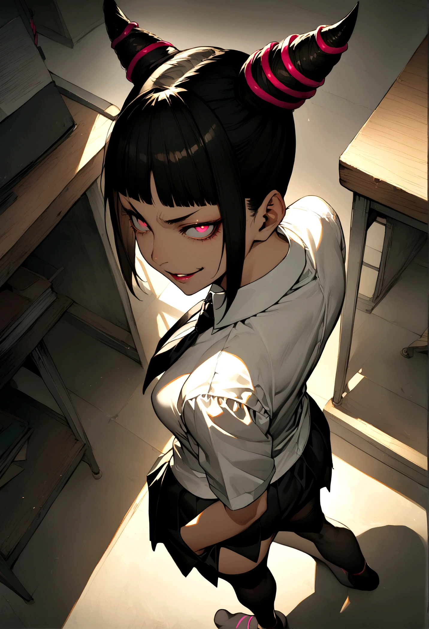 Juri Han, artwork, tight white secretary shirt with black tie, skirt short preta, skirt short,sock, Bblack hair, blackstockings,evil smile,DESK,bangs on the eyes,lighting,horn of hair,from above view,looking back,but in your pocket