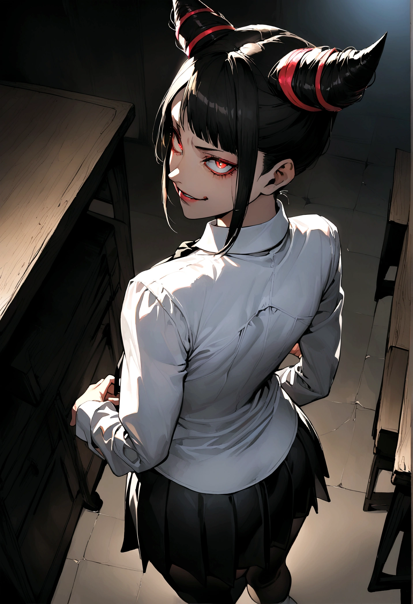 Juri Han, artwork, tight white secretary shirt with black tie, skirt short preta, skirt short,sock, Bblack hair, blackstockings,evil smile,DESK,bangs on the eyes,lighting,horn of hair,from above view,looking back,but in your pocket
