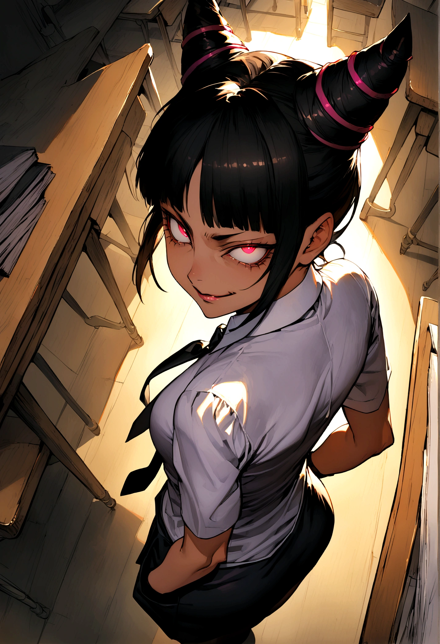Juri Han, artwork, tight white secretary shirt with black tie, skirt short preta, skirt short,sock, Bblack hair, blackstockings,evil smile,DESK,bangs on the eyes,lighting,horn of hair,from above view,looking back,but in your pocket
