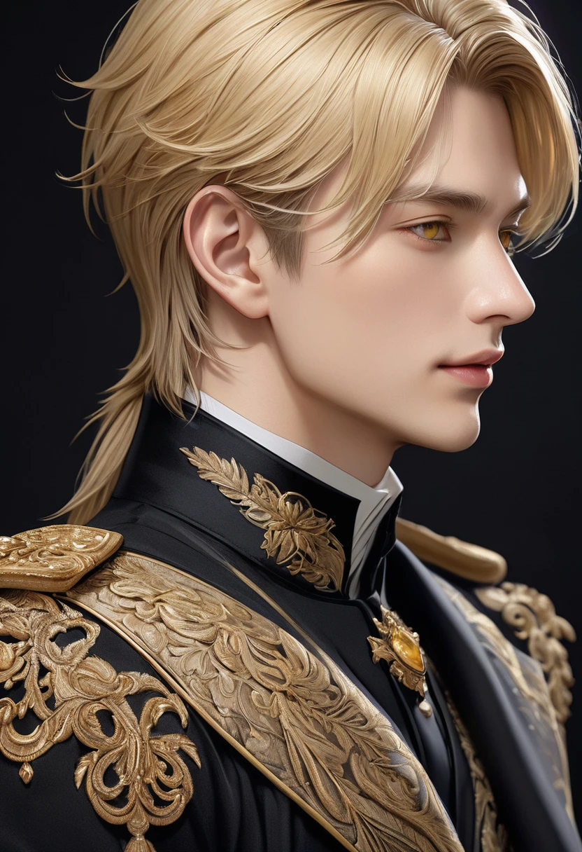 Handsome mature young boy dynamic full body photo, close-up of blonde-haired man wearing royal clothes ( perfect anatomy ) Face side close-up. Detailed face. realistic eyes. yellow eyes.
The face and eyes are very detailed. Delicate skin.、Delicate skin texture smile, Black trench coat dark shadow background, black soft light, Professional photography master'Artworks, texture, complicated, Clear,
High-quality masterpieces,Extremely complicated and exquisitely detailed, Super detailed, Super detailed digital art
