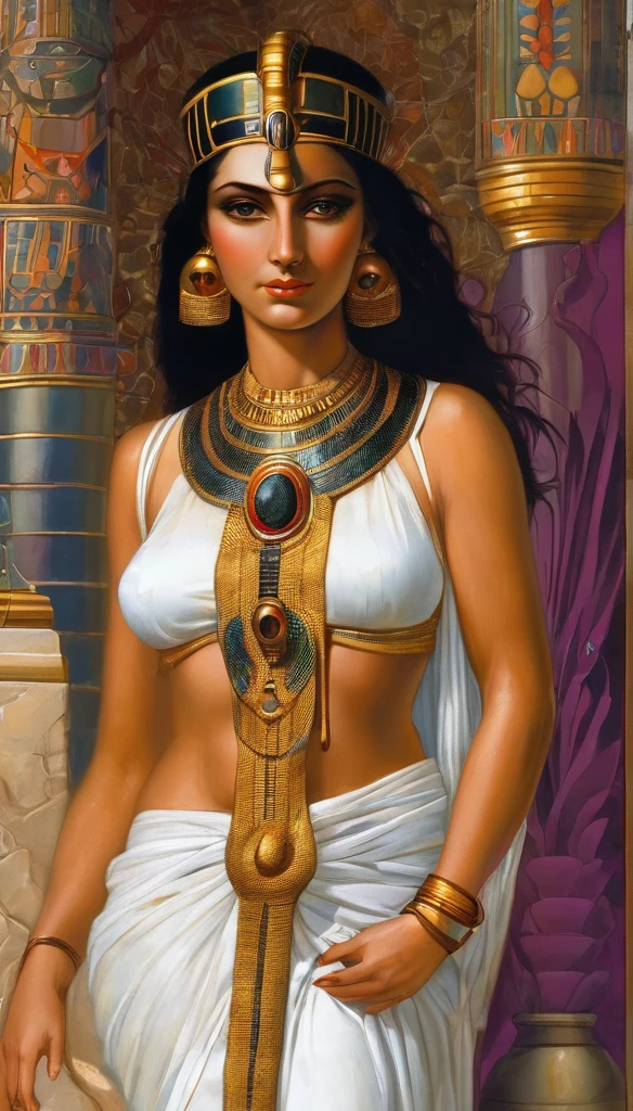 Femme mature ( 30 ans),  égyptienne, corps provoquant, très sexy , a l'Égypte antique, avec une très forte poitrine, a la peau de serpent, dans un temple égyptien, porte une robe rouge et maron couleur sable, moule le corps, vêtements transparent, femme avec de long cheveux raide noirs orné de nombreux bijoux,  la femme est très enceinte de serpent, sa poitrine est gonflé de lait, la femme a des crochets de serpent visible lorsqu'elle sourit, la femme a des yeux doré a pupilles reptilienne, la femme et une femme serpentz