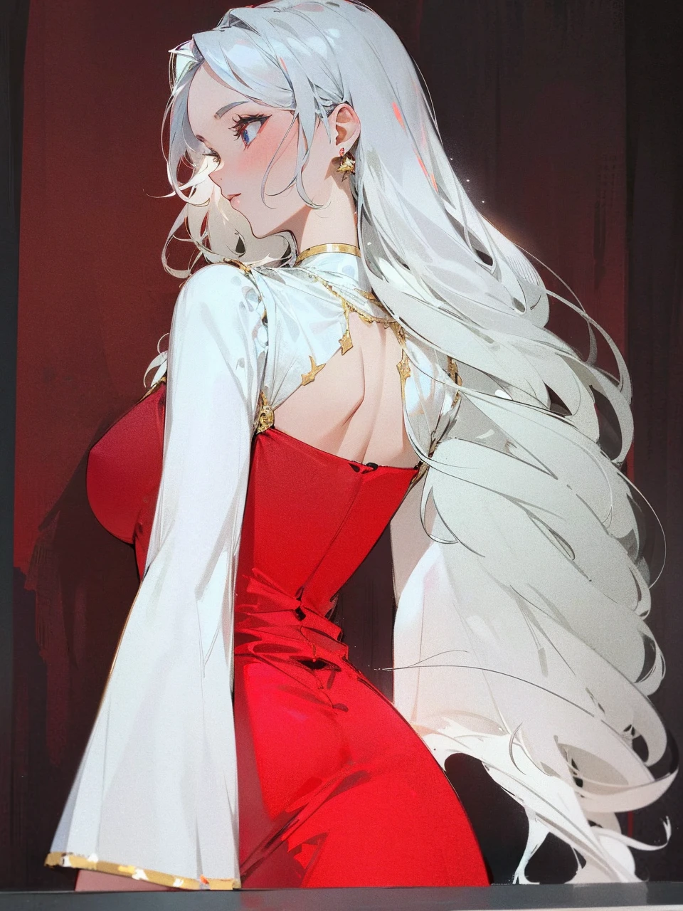 Add in roses to her dress, a good back dress design with some golden jewelry, make her dress into a red and white gown with a hat, give her some unique Jewelry, and make her look somewhat of a demonic angel like appearance to her