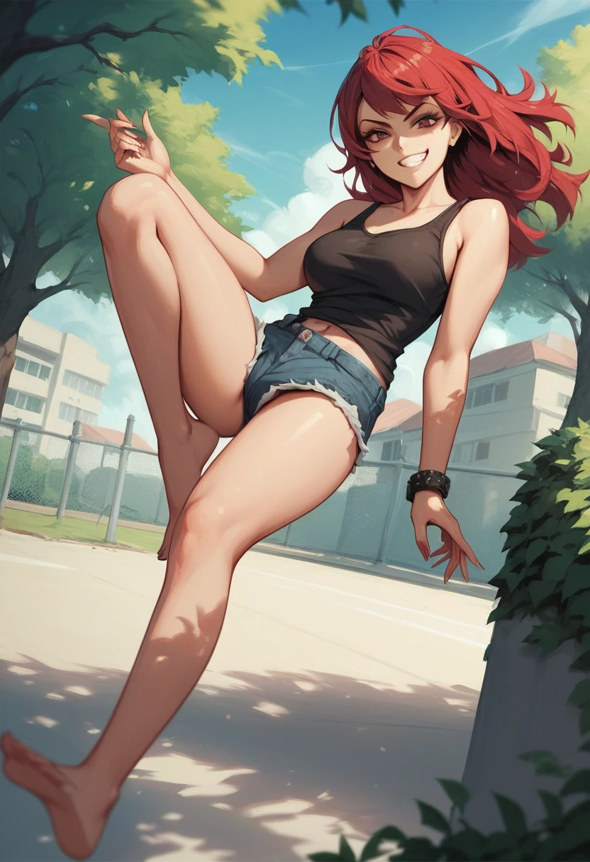 ((High Quality image 10k)) (( perfect autonomy)) Masterpiece, solo girl, brown eyes, red hair, wearing sleeveless black shirt, blue jean shorts, shorts are falling down, cute panties, sexy panties, evil smug grin, barefoot, Standing, in the park