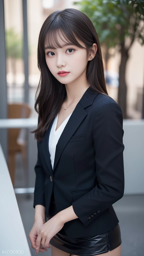 最high quality, masterpiece, 1 Girl, Beautiful Face, (Photorealistic photography:1.3), Rim Light, (Skin with attention to detail:1.2), 8K UHD, Digital SLR, high quality, High resolution, 4K, 8K, Bokeh, (Genuine: , Small face, pretty girl, Black Formal Blazer, Middle chest, Short skirt,office