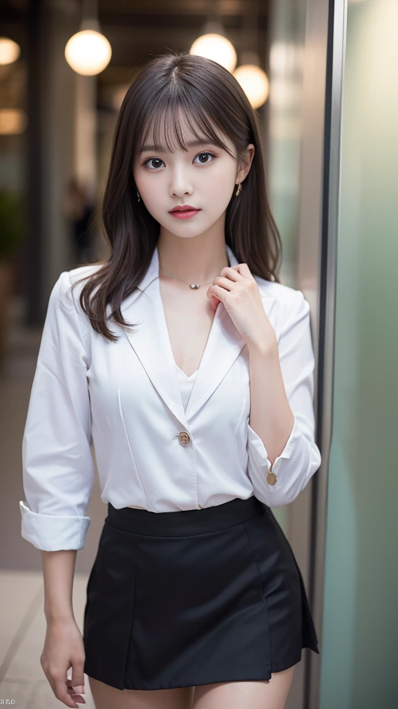 最high quality, masterpiece, 1 Girl, Beautiful Face, (Photorealistic photography:1.3), Rim Light, (Skin with attention to detail:1.2), 8K UHD, Digital SLR, high quality, High resolution, 4K, 8K, Bokeh, (Genuine: , Small face, pretty girl, Black Formal Blazer, Middle chest, Short skirt,office