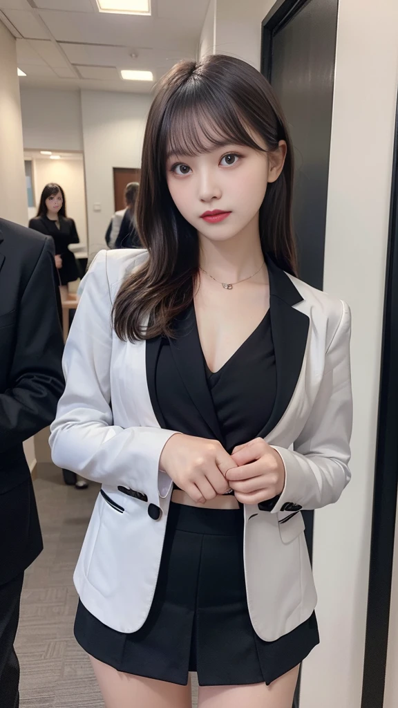 最high quality, masterpiece, 1 Girl, Beautiful Face, (Photorealistic photography:1.3), Rim Light, (Skin with attention to detail:1.2), 8K UHD, Digital SLR, high quality, High resolution, 4K, 8K, Bokeh, (Genuine: , Small face, pretty girl, Black Formal Blazer, Middle chest, Short skirt,office