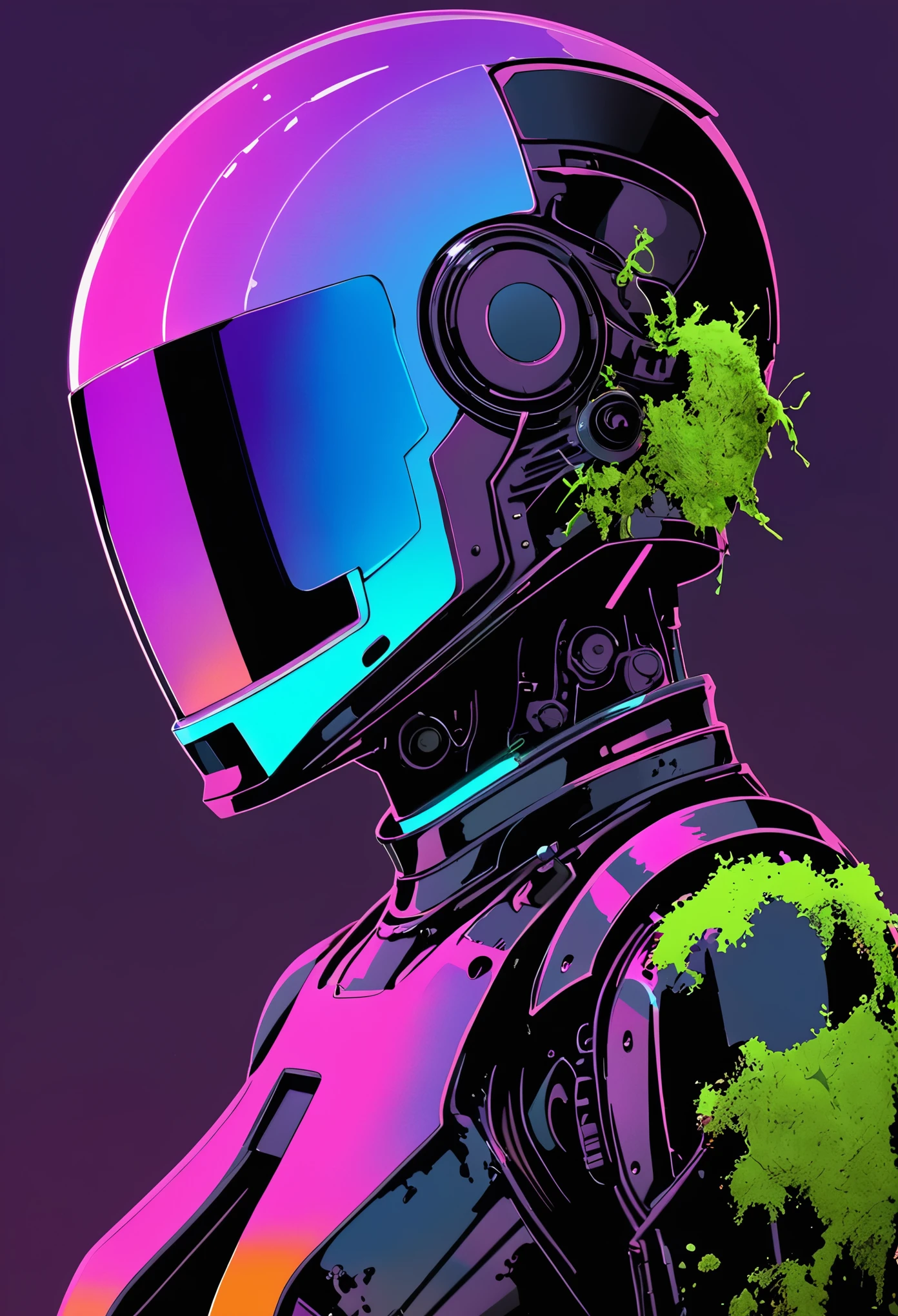 (diffuse gradient background:1.5),colorful,in style of Ashley Wood,(in style of Conrad Roset:1.3), painting,drawing by Conrad Roset close up, a helmet robot ,(gradient color mask glass:1.3),(darkorchid neon glowing:1.7),( (glowing neon glass transparent helmet:1.8),there is no facial contour),(the robot is aged with moss on its rusty bronze armor:1.2),night,moonlight shadows,dramatic lighting,gradient pop surrealism,pop art [(details:1.2): [ (many small details:1.3) : [ (many ultrasmall details: 1.2):(very detailed ultrasmall edges and microrelief:1.5):0.7 ]: 0.4 ] :0.2], BREAK Detailed,(darkness:1.5),(very detailed shadows:1.5),absolute shadows,absolute darkness,