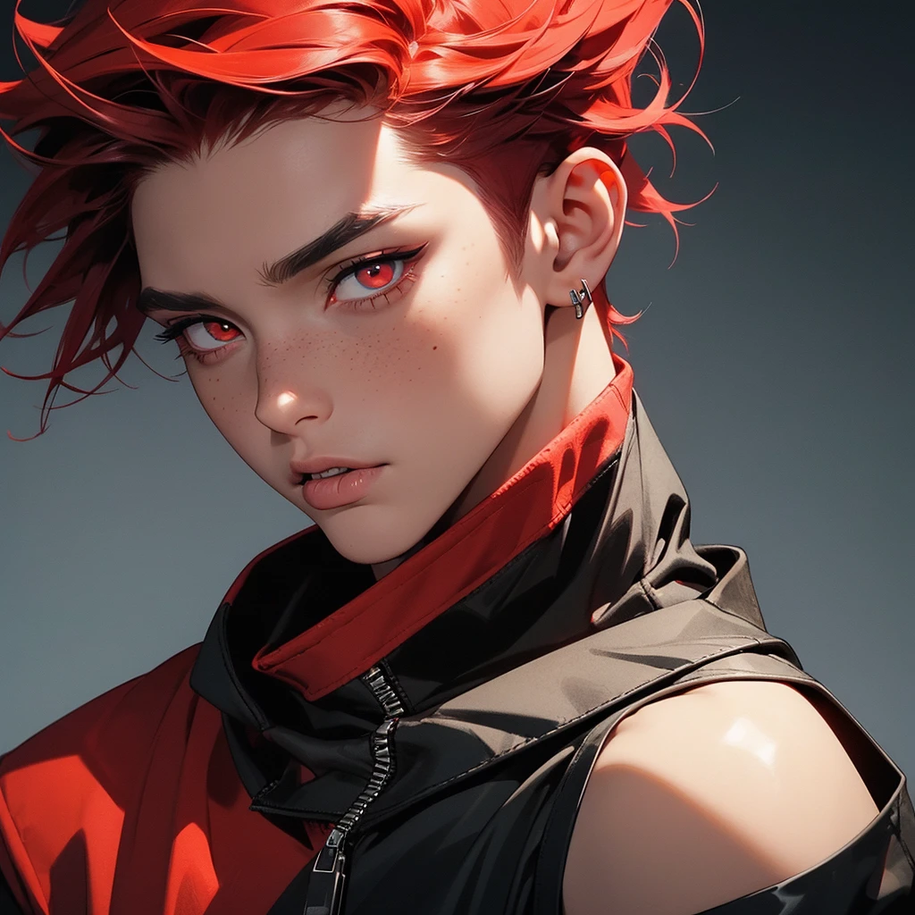 Young man, man, short red hair, close-up portrait, psychotic, bright eyes, red eyes, devil, horns, red complexion, schoolboy outfit, cross earring, black piercing, black tattoo, tight outfit, long eyelash, freckle, sensual pose, posing, looking at the camera, tongue sticking out, reptile tongue, sharp teeth.