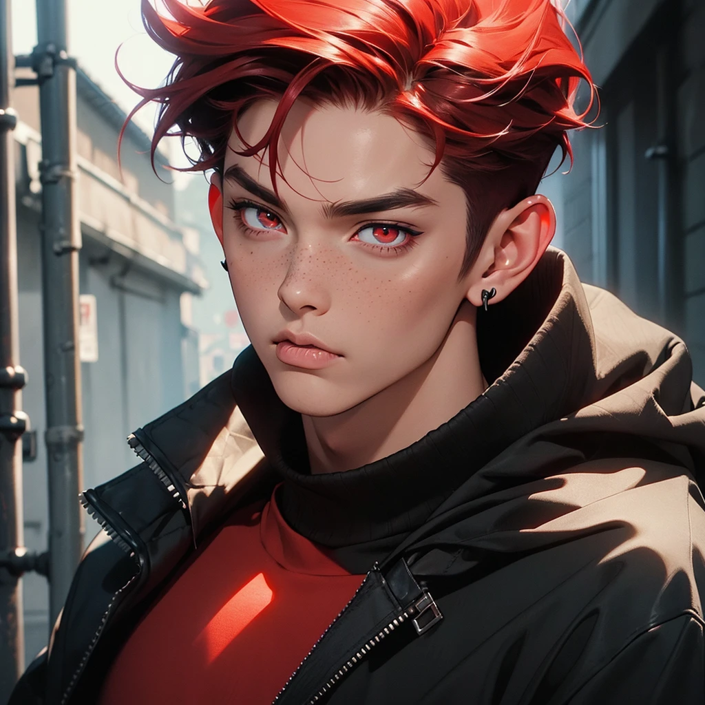 Young man, man, short red hair, close-up portrait, psychotic, bright eyes, red eyes, devil, horns, red complexion, schoolboy outfit, cross earring, black piercing, black tattoo, tight outfit, long eyelash, freckle, sensual pose, posing, looking at the camera, tongue sticking out, reptile tongue, sharp teeth.