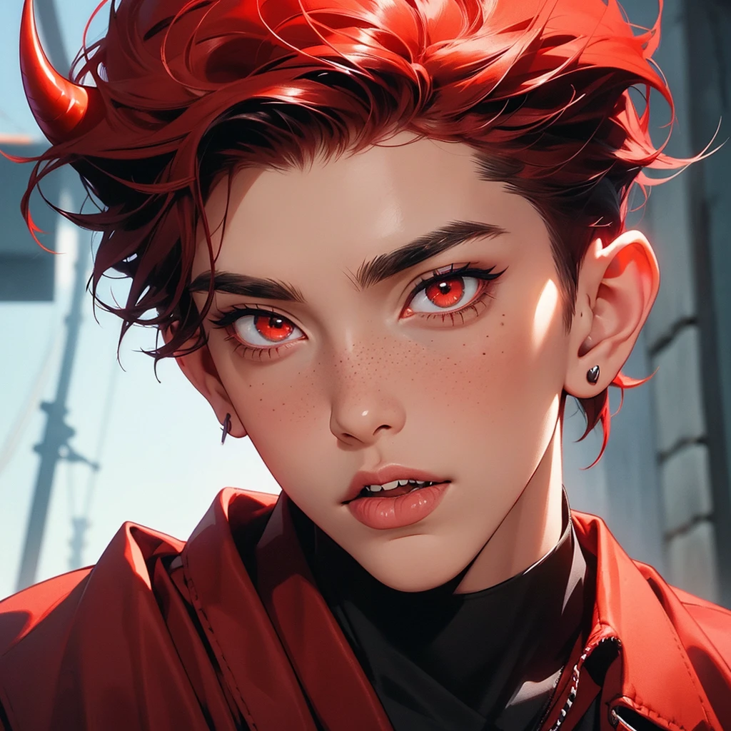 Young man, man, short red hair, close-up portrait, psychotic, bright eyes, red eyes, devil, horns, red complexion, schoolboy outfit, cross earring, black piercing, black tattoo, tight outfit, long eyelash, freckle, sensual pose, posing, looking at the camera, tongue sticking out, reptile tongue, sharp teeth.