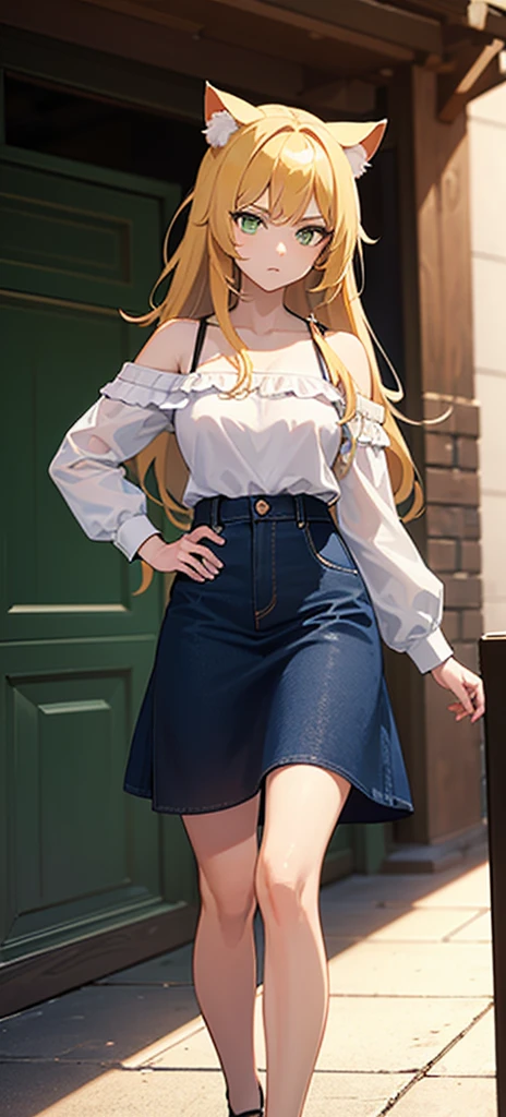 (( straight face picture )) ((best quality)), ((Masterpiece)), (details), Young woman , golden hair ,cat ears , long hair ,green eyes , yellow open shoulder shirt ,Wear a jeans skirt.