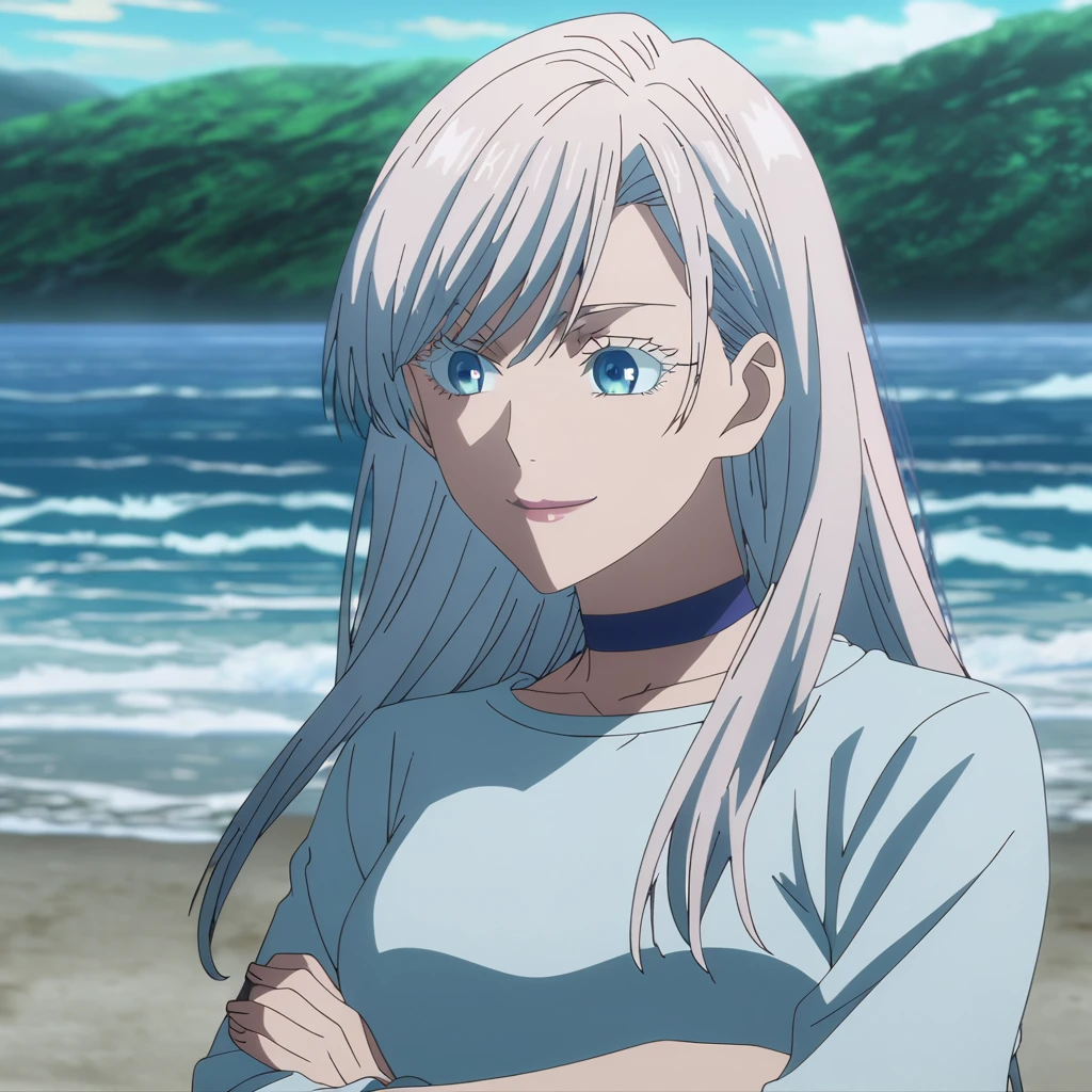 1girl, female gojo satoru, anime screencap from jujutsu kaisen, gojo satoru female version, solo, long_hair, blue eyes, ((white eyelashes)), ((white_hair)), beach view, ocean in background, breasts, upper_body, smile, swept bangs, blue_eyes, lips, (swept bangs) ((wearing modern clothes, neck choker, sandal)), breast, "very detailed and high resolution" (blue eyes) ((cross arms)) ((long hair)) ((solo)) ((high resolution)) ((full body)) ((Good quality)) ((high-resolution)) ((best quality)) ((animw screen cap))
