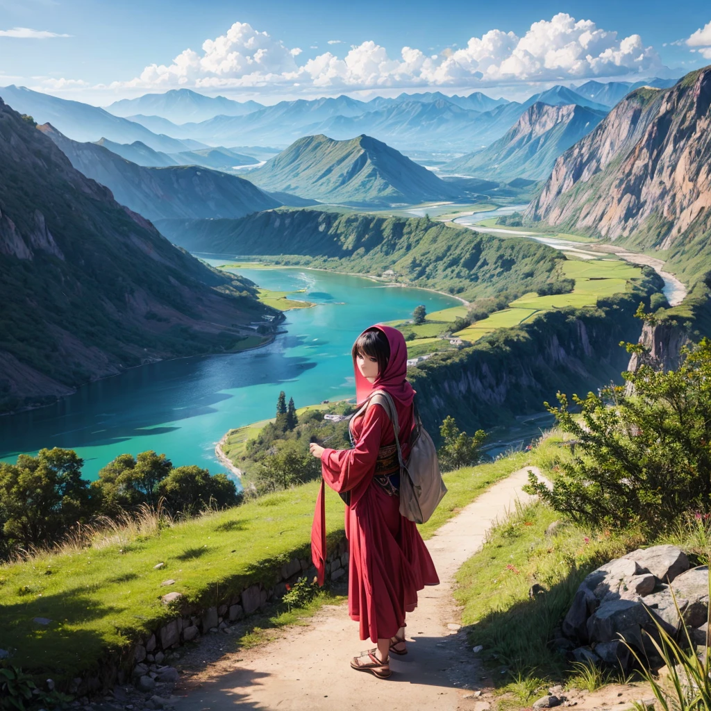 Indonesian  model, mountain and river background 