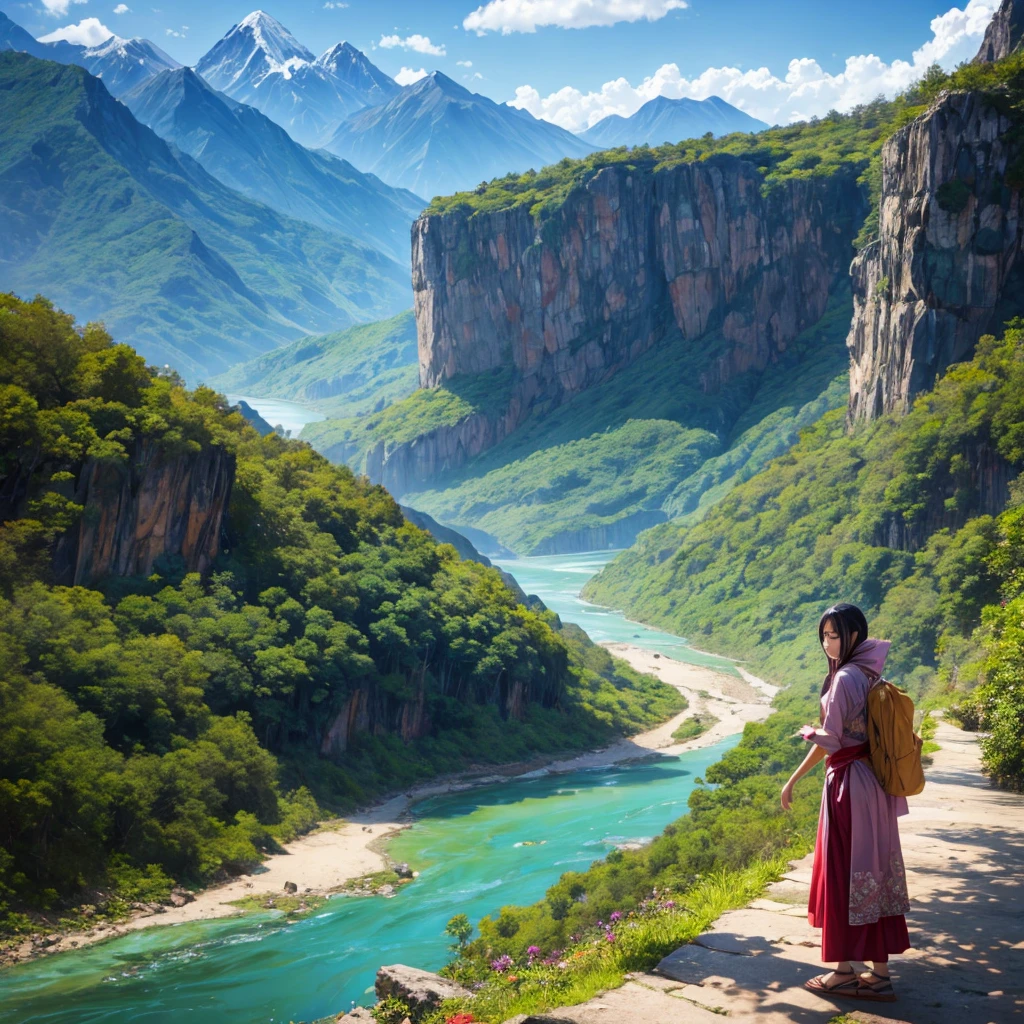 Indonesian  model, mountain and river background 