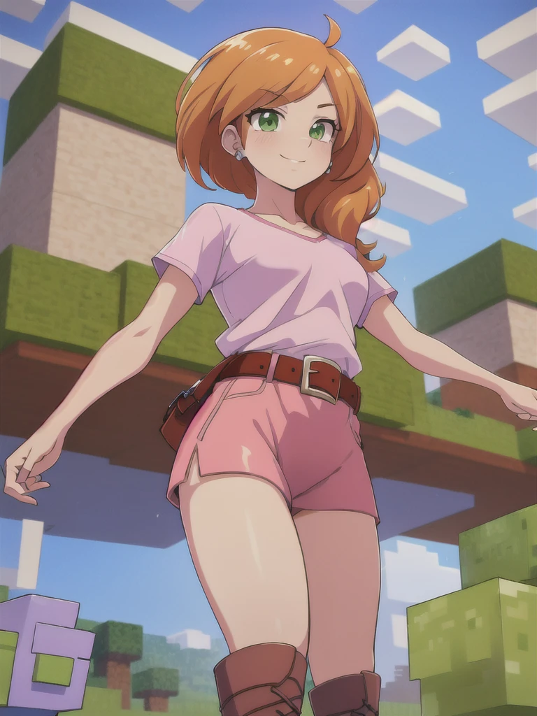 (masterpiece, best quality, ultra HD anime quality, super high resolution, 1980s / (style), anatomically correct, perfect anatomy), (side view, from below), looking into the camera, minecraft,
(alex), one girl, solo, realistic,
orange_hair, facial_hair, long_hair, green_eyes, blush, smiling, chest, pink_shirt, white_belt, pink_skirt, brown_boots, tsuruhashi, clouds, day, sky, blue_sky,