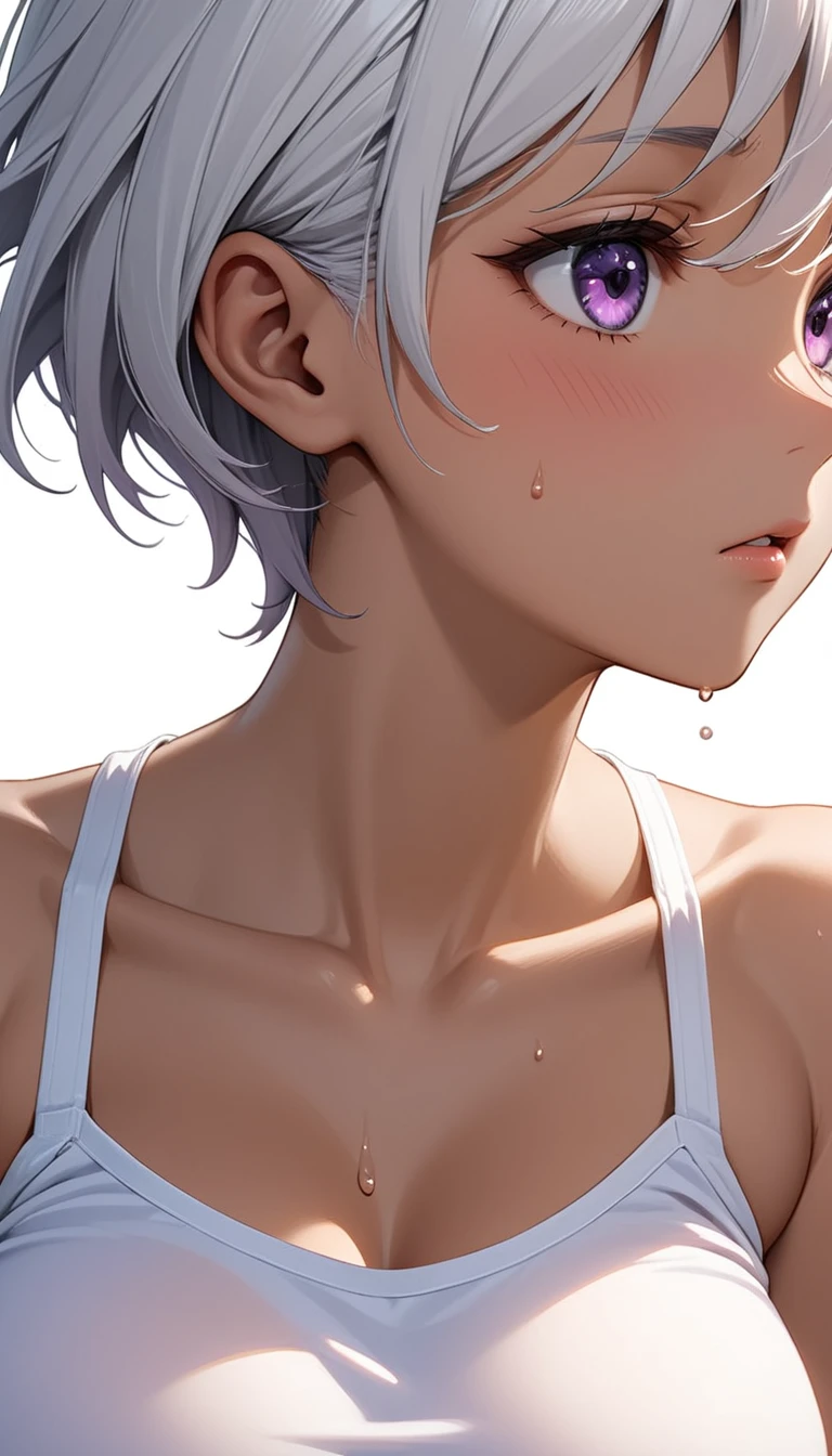 (masterpiece、High resolution、Highest quality、Detailed Background、reality、8K、Very delicate and beautiful), (Beautiful school girl:1.2), (Beautiful Skin:1.3), (Best body:1.3), (Expressionless :1.2), (Short Hair:1.3), (Silver Hair:1.3), (Beautiful Hair:1.2), (Purple eyes:1.3), (Shapely large breasts:1.2), (White tank top:1.3), (No sleeve:1.2), (Denim shorts:1.1), (Sweat:1.2), (Sweatで濡れる:1.5), (Dark Skin:1.3), (Super close), (Upper body close-up:1.3), 