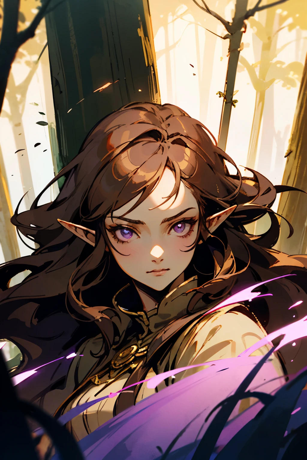 (masterpiece), best quality, expressive eyes, perfect face, DnD Character, Young woman, Half-elf, druid, long brown hair, lavender purple eyes, gold accessories, fair skin, in forest, druid clothing, magical glowing, magical forest, night time