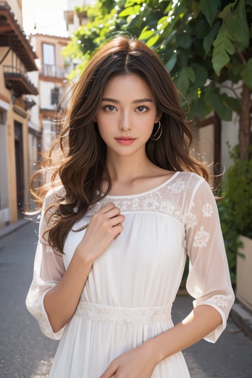 highest quality、4K、Beautiful lady、Perfect Face、Perfect Style、Model、perfect body、Sunburn、beautiful lady、mature、long curly layer brown hair、Swept-back hair、full body, sexly 、charming、healthy、dress、Spanish cuisine