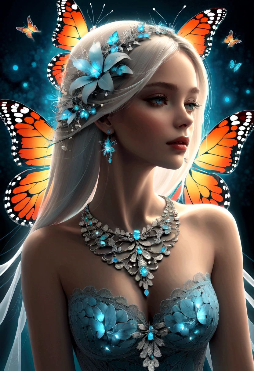 (masterpiece, Top quality, best quality, Official Art, beautiful and aesthetic:1.2), (1 Girl), Extremely detailed,(Fractal Art:1.3),rich and colorful,The most detailed,Upper Body, [Lace],[Jewelry],[flower],[[Butterfly]],