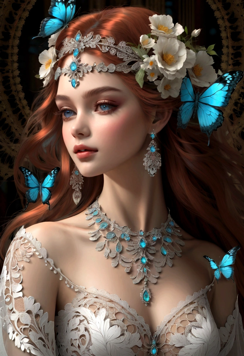 (masterpiece, Top quality, best quality, Official Art, beautiful and aesthetic:1.2), (1 Girl), Extremely detailed,(Fractal Art:1.3),rich and colorful,The most detailed,Upper Body, [Lace],[Jewelry],[flower],[[Butterfly]],