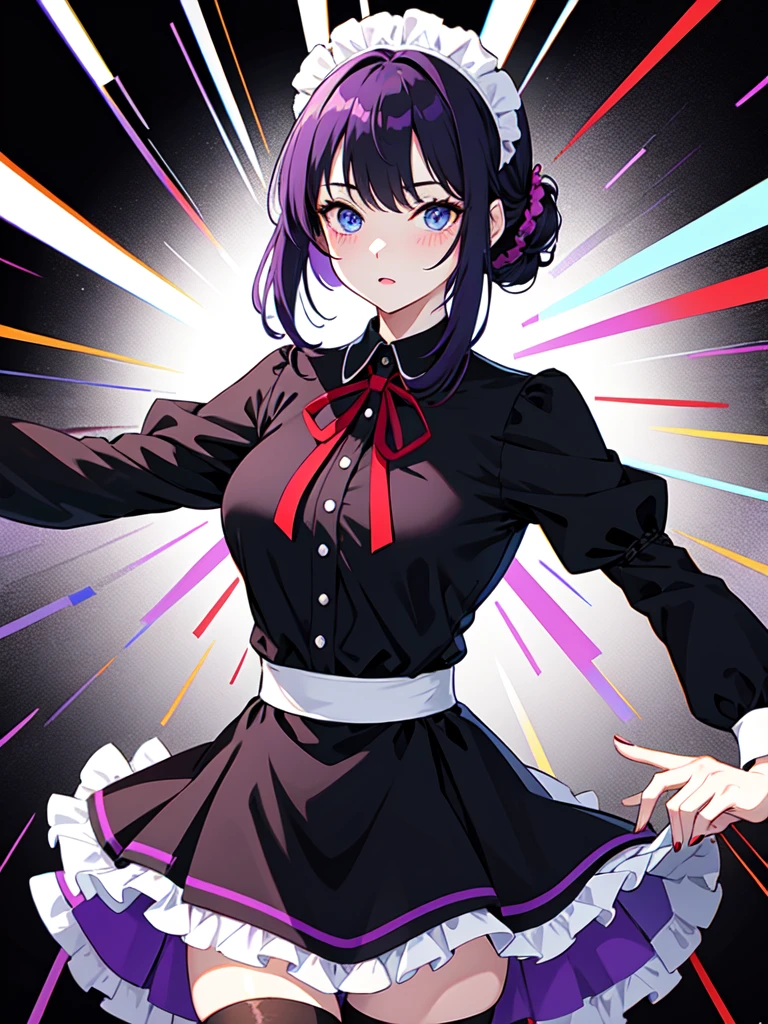 Dressed in maid uniform ,　Mature face,tall, Wearing black tights,Blue Eyes,Updo, He wore black trousers, whole body黒の服, The skin is hidden　and (Ink blotches:1.1), (pale:1.2),(purple:1.2),(Red/Black:1.2), I was wearing long pants,cool,Dressed in a black robe, Toned body, Wine red hair, one big woman, Nervous,Cowboy Shot, sketch (Character design sheet, same characters, whole body, Three-View, front, ~ ~ ~ side, return),(Very bright:1.1), White Background, [1 Girl:7], (Tilt your head:1.2), ([sketch|watercolor \(Moderate\)]:1.15),Chaotic Abstract Background, Vector Trace, Gradient Blending, Bright colors, that&#39;wonderful, Very detailed, Complex, (Very low contrast:1.4