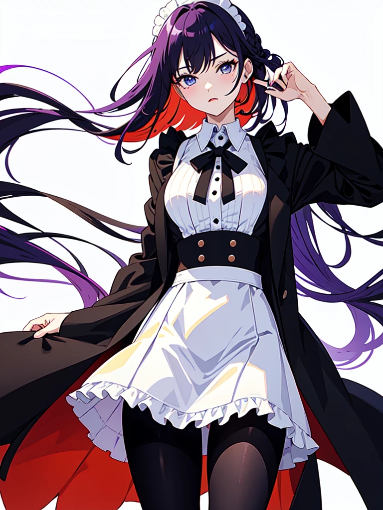 Dressed in maid uniform ,　Mature face,tall, Wearing black tights,Blue Eyes,Updo, He wore black trousers, whole body黒の服, The skin is hidden　and (Ink blotches:1.1), (pale:1.2),(purple:1.2),(Red/Black:1.2), I was wearing long pants,cool,Dressed in a black robe, Toned body, Wine red hair, one big woman, Nervous,Cowboy Shot, sketch (Character design sheet, same characters, whole body, Three-View, front, ~ ~ ~ side, return),(Very bright:1.1), White Background, [1 Girl:7], (Tilt your head:1.2), ([sketch|watercolor \(Moderate\)]:1.15),Chaotic Abstract Background, Vector Trace, Gradient Blending, Bright colors, that&#39;wonderful, Very detailed, Complex, (Very low contrast:1.4