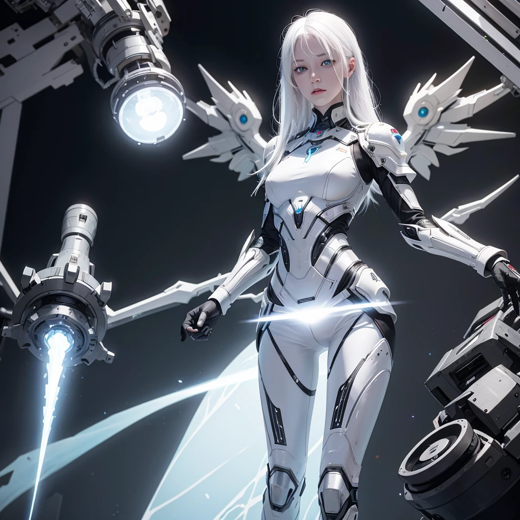 A realistic German albino with white hair, fully body, with roots of light in the skin, electric metallic wings and silver eyes quantum robotic armor pants