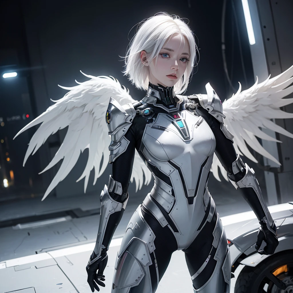 A realistic German albino with white hair, fully body, with roots of light in the skin, electric metallic wings and silver eyes quantum robotic armor pants