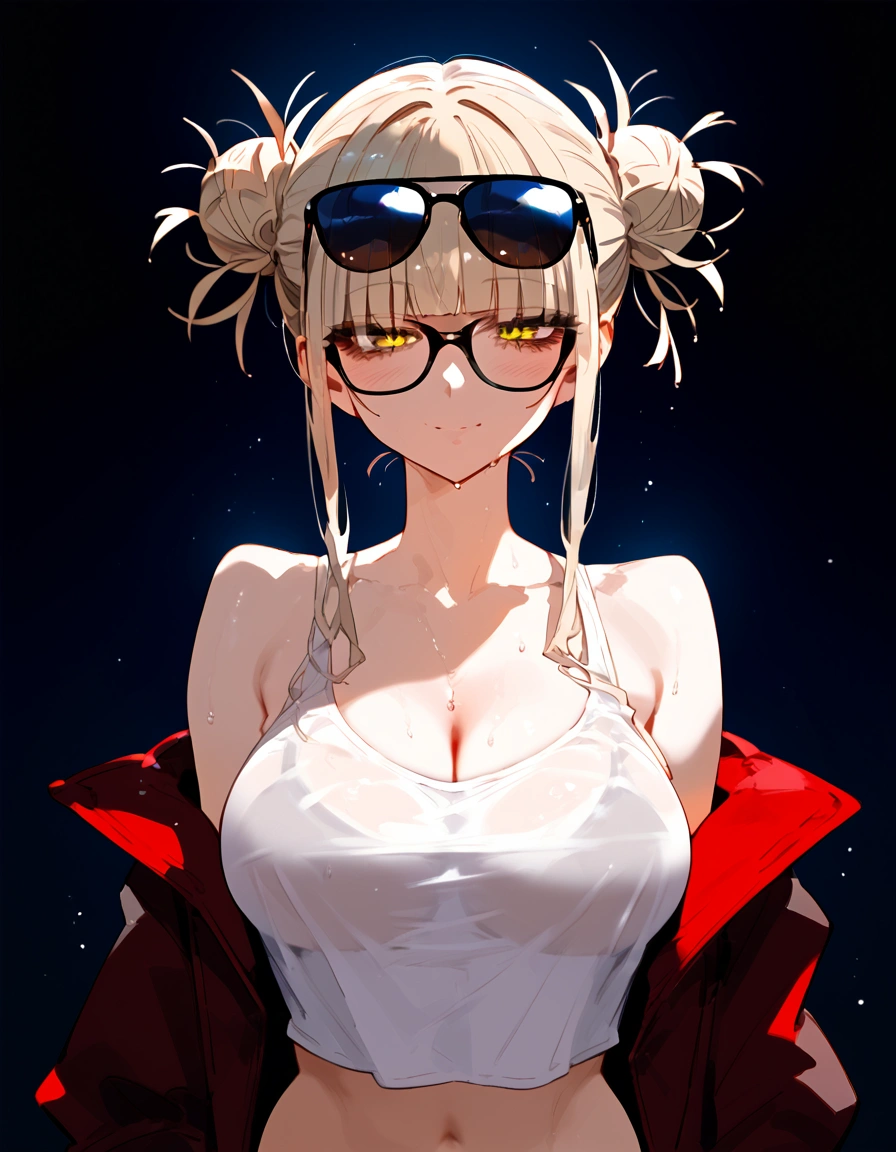 anime artwork, score_9, score_8_up, score_7_up, score_6_up, score_5_up, score_4_up, floox style //////Himiko toga, big breasts, she is 24 years old, style_3, yellow eyes, black background, wearing only shirt, wet shirt, tank top, arms under clothes, naked, sunglasses covered eyes