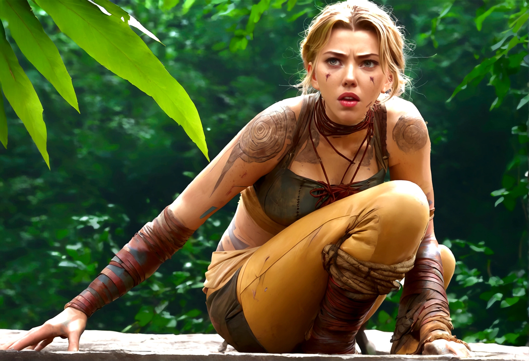 A beautiful young woman (Scarlett Johansson, age 25, dirty and with a few wounds, Dressed appropriate to the scene) has escaped from a village of man eating cannibals. She finds herself at a moonlit waterfall in the deep jungle. She is (tired and hurt), she is actively running through the foliage before she dives into the water. The natives took everything from her and forced her to remain unclad, she now wears body paint and extensive tattoos as the natives do.