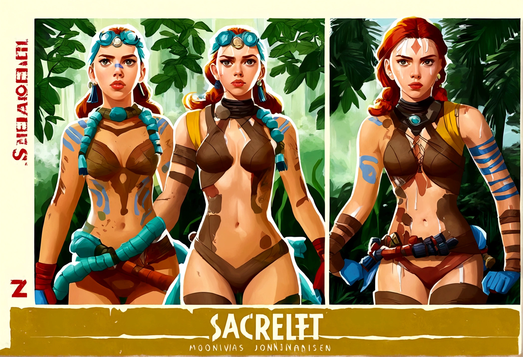 A beautiful young woman (Scarlett Johansson, age 25, dirty and with a few wounds, Dressed appropriate to the scene) has escaped from a village of man eating cannibals. She finds herself at a moonlit waterfall in the deep jungle. She is (tired and hurt), she is actively running through the foliage before she dives into the water. The natives took everything from her and forced her to remain unclad, she now wears body paint and extensive tattoos as the natives do.
