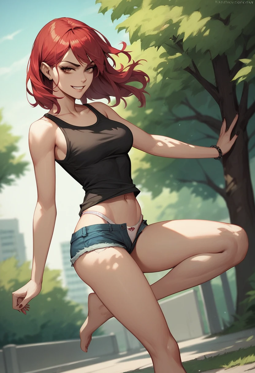 ((High Quality image 10k)) (( perfect autonomy)) Masterpiece, solo girl, brown eyes, red hair, wearing sleeveless black shirt, blue jean shorts, shorts are falling down, cute panties, sexy panties, evil smug grin, barefoot, Standing, in the park 