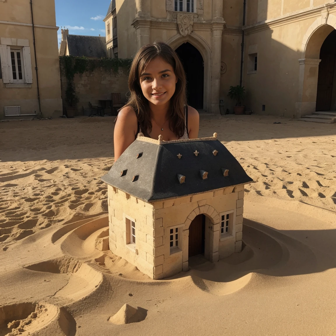 Lucie avec une grosse poitrine fait un chateau de sable