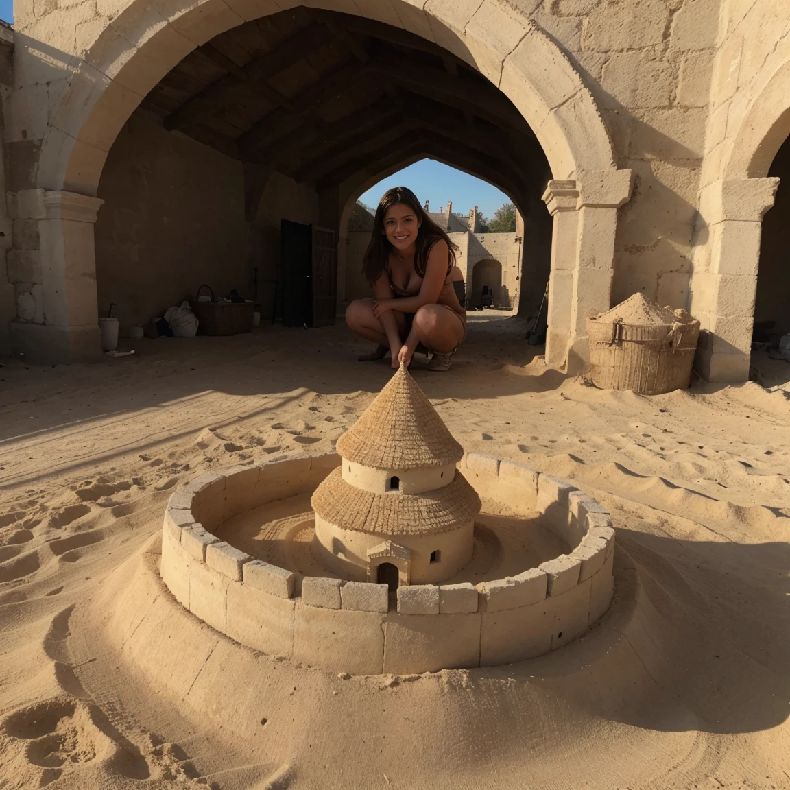 Lucie avec une grosse poitrine fait un chateau de sable