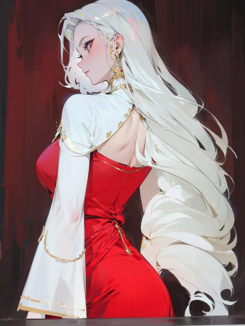 Add in roses to her dress, a good back dress design with some golden jewelry, make her dress into a red and white gown with a hat, give her some unique Jewelry, and make her look somewhat of a demonic angel like appearance to her