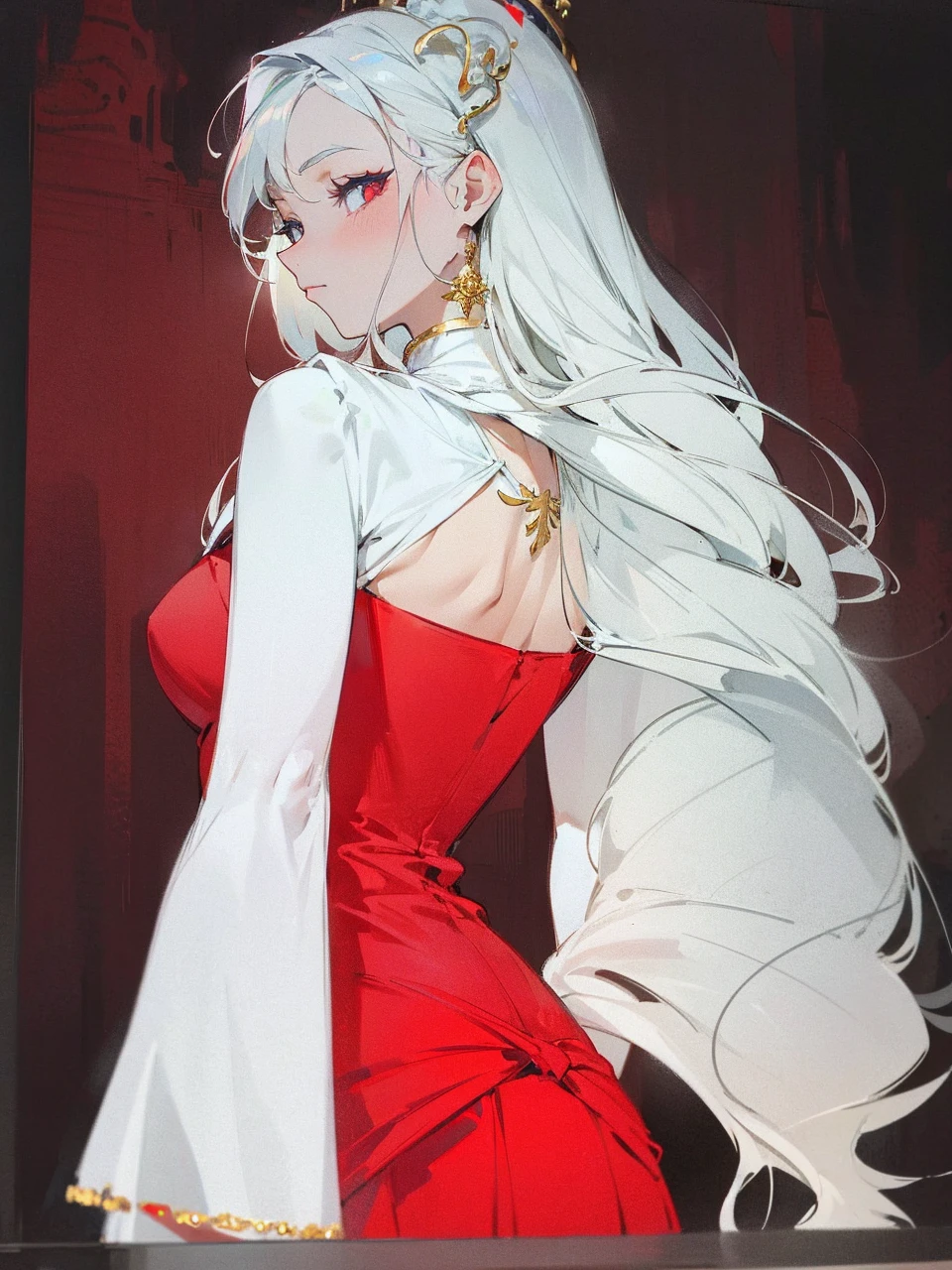 Add in roses to her dress, a good back dress design with some golden jewelry, make her dress into a red and white gown with a hat, give her some unique Jewelry, and make her look somewhat of a demonic angel like appearance to her