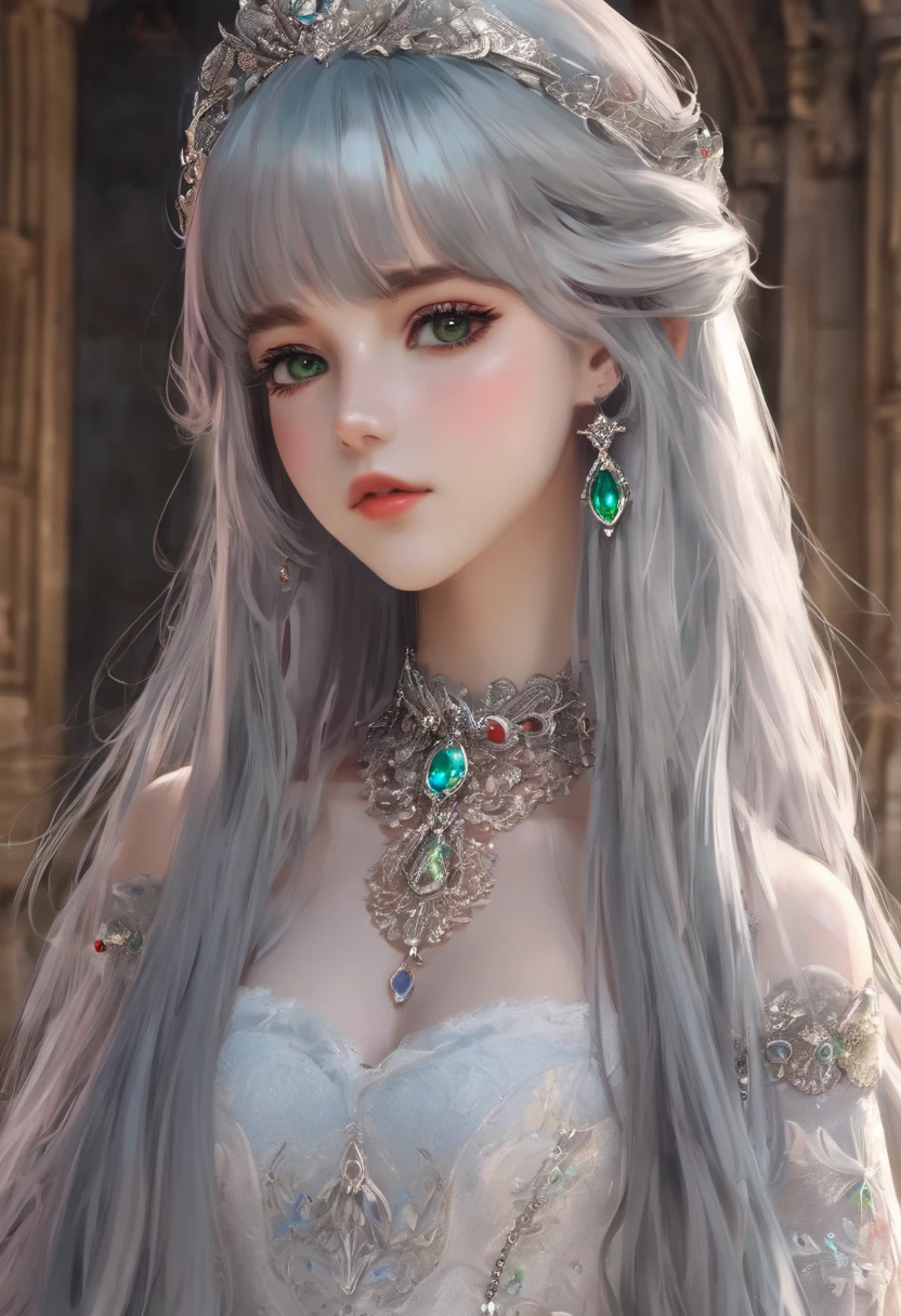 (((colorfulhair, [silver hair]))), Hyper-realistic 8k CG, picture-perfect face, flawless perfection, Clean, tmasterpiece, professionalartwork, famousartwork, light, cinematicbloom, is a perfect face,(young:1.2),((20yr old)), Nice face, pretty eyes, (((Perfect female body, Willow waist))), young princess, Royal, Saint, welcoming, Saint, (royal palace), Fantastical, like a dream, Not real, scientific fiction, (ordinary:1.2), Beautiful outfit, Lace, Lace edges, Lace-trimmed tights, NSFW,, Ridiculously long hair, Very long hair, (rich:1.4), choker necklace, ear nipple ring, bangle, armlets, view the viewer,(virgin:1), (Hands have up to five fingers), (Redlip)，jeanseabreeze，
Long straight cutted hair, silver gray straight hair, blunt bangs, straight bangs and side bangs, straight cutted bangs and side bangs, 
heterochromia, different coloured eyes, (((left eye is silver green, right eye is red)))