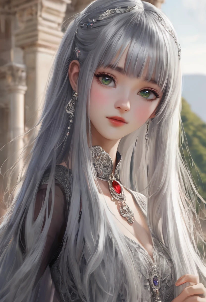 (((colorfulhair, [silver hair]))), Hyper-realistic 8k CG, picture-perfect face, flawless perfection, Clean, tmasterpiece, professionalartwork, famousartwork, light, cinematicbloom, is a perfect face,(young:1.2),((20yr old)), Nice face, pretty eyes, (((Perfect female body, Willow waist))), young princess, Royal, Saint, welcoming, Saint, (royal palace), Fantastical, like a dream, Not real, scientific fiction, (ordinary:1.2), Beautiful outfit, Lace, Lace edges, Lace-trimmed tights, NSFW,, Ridiculously long hair, Very long hair, (rich:1.4), choker necklace, ear nipple ring, bangle, armlets, view the viewer,(virgin:1), (Hands have up to five fingers), (Redlip)，jeanseabreeze，
Long straight cutted hair, silver gray straight hair, blunt bangs, straight bangs and side bangs, straight cutted bangs and side bangs, 
heterochromia, different coloured eyes, (((left eye is silver green, right eye is red)))