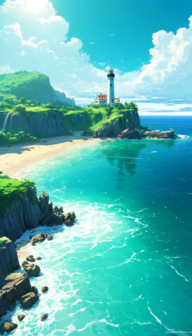 The ocean is right in front of you、Tropics、Ocean、ocean shore、cliff、Bungalow、Resort、turquoise blue、Emerald green、sunshine、water surface、rock、cloud、blue sky、buzzer、Paradise、beautiful、vivid、nature、trip、vacations、beautiful Anime Scenery, Landscape painting, Lighthouse, Beautiful digital painting, andreas rocha, Beautiful artwork illustration, Awesome Wallpapers, Raymond Han, tall beautiful painting, Studio Greebly New Ocean Makoto, Beautiful Wallpaper, Anime Scenery
