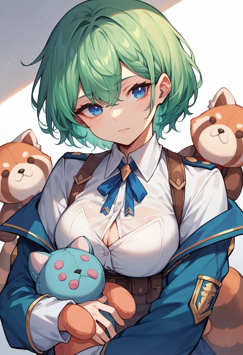 Blue-green hair　girl　Blue Eyes　Short Hair　Red Panda　stuffed toy　Second Dimension　anime　An illustration　vtuber　C Cup　Warrior uniform long sleeve　Clothes patina　Cleavage　stuffed toy　Embrace　One person　Braiding hair　arrange